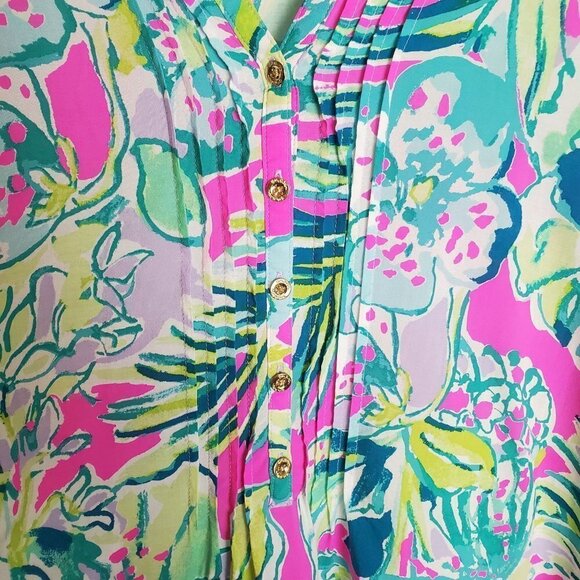 LILLY Pulitzer XS Popover Tunic Blouse Long Sleeves Pink Teal Tropical V-neck - Picture 10 of 11